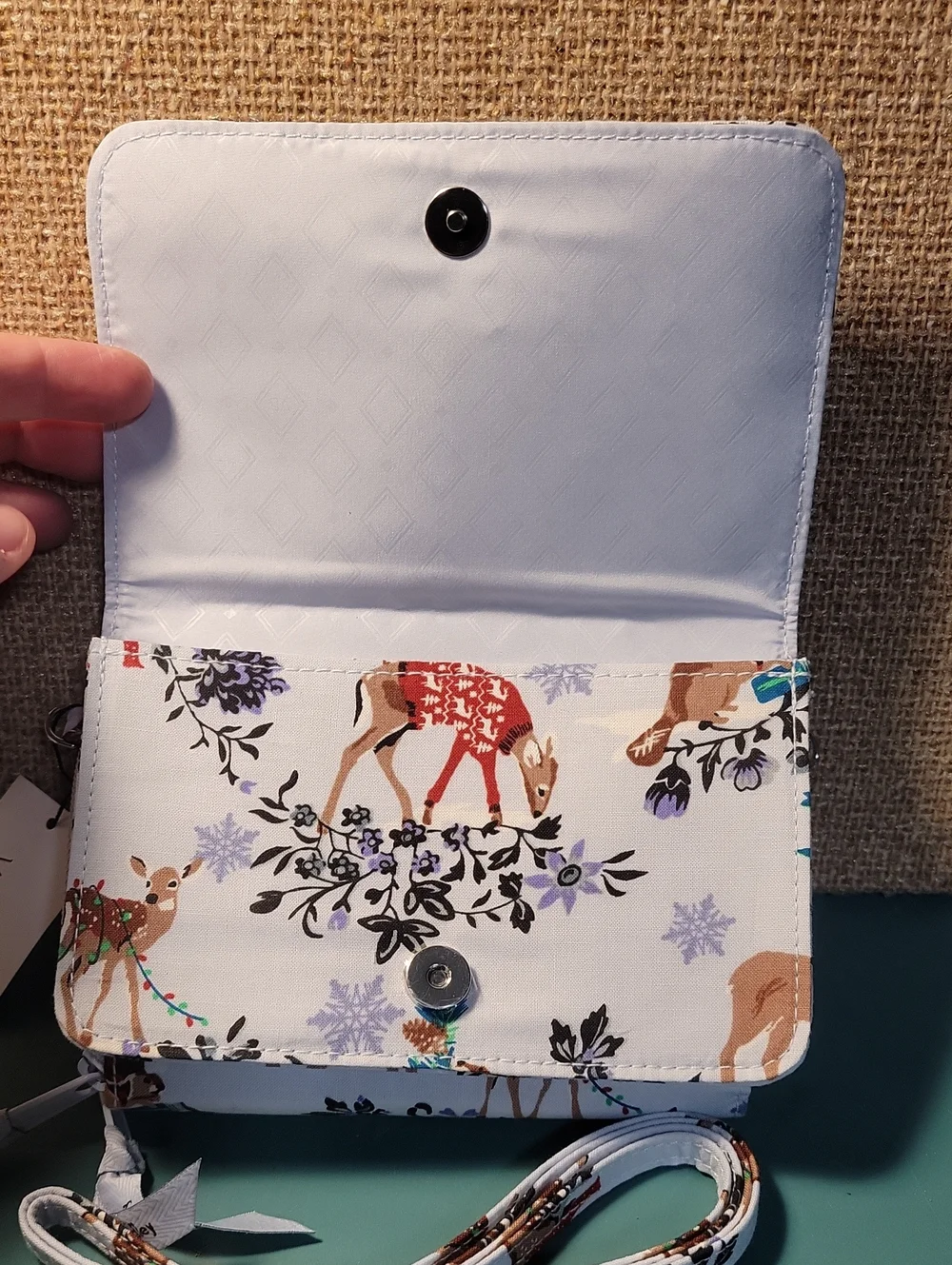 Vera Bradley White Quilted Crossbody Wallet with Deer & Floral Print